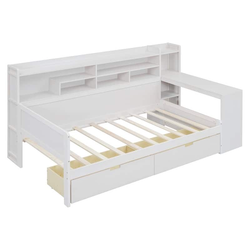 Twin Size Wooden Daybed with Storage Shelves, Two Drawers and Study Desk
