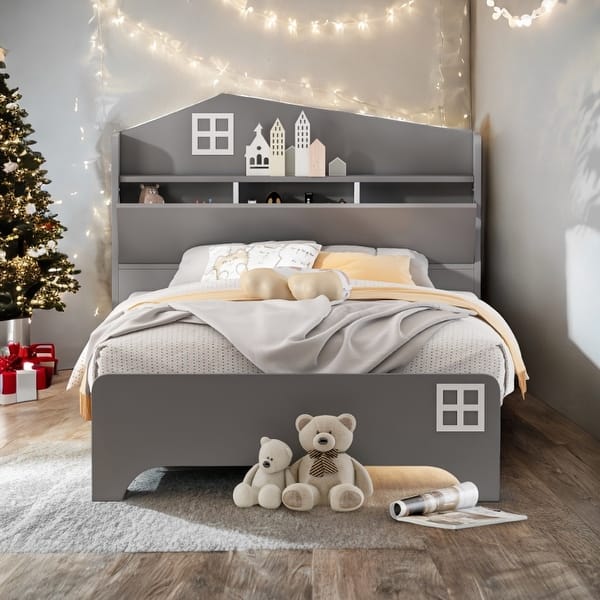slide 2 of 10, Twin Size House Bed with Storage Headboard Grey
