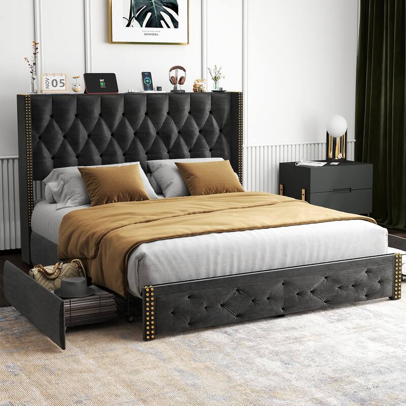 Queen Size Platform Bed Frame with Velvet Headboard, Storage Drawers, and Charging Station