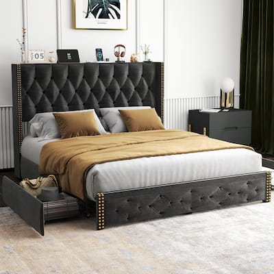 Velvet Upholstered Platform Bed Frame with Button Tuffed Wingback Headboard and Charging Station, 2 Storage Drawers