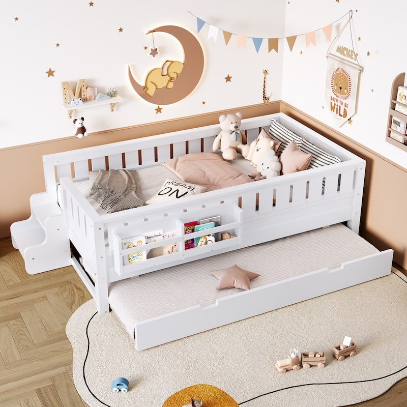 Montessori Toddler Bed with Fence, Low Profile Platform Bed for Kids with Trundle, Built-in Bookshelf and Small Staircase - White - Twin