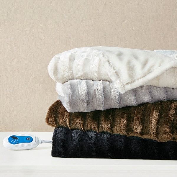 Beautyrest Heated Duke Faux Fur Solid Heated Throw On Sale Bed
