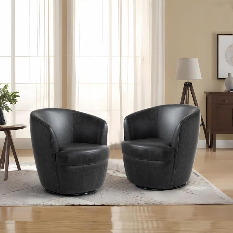 2 Set Faux Leather Club Swivel Barrel Accent Chair