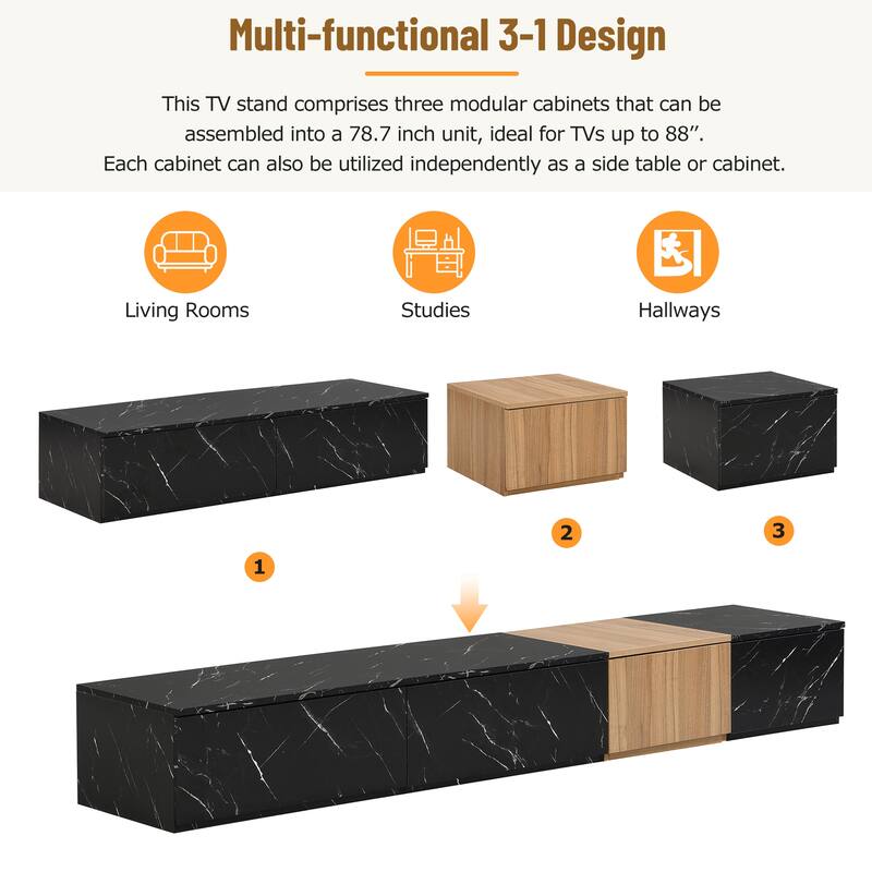 Modern TV Stand, for TVs Up to 88'' with Faux Marble and Walnut Wood Grain, 4 Storage Drawers, for Living Rooms, Black