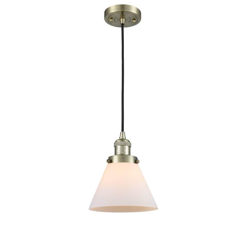 Innovations Lighting Large Cone 8" Wide Mini Pendant - Cord Suspension - Antique Brass / Matte White Cased