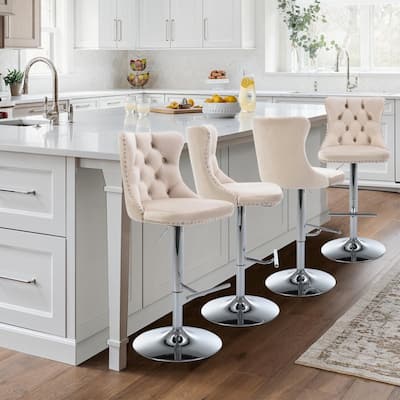 Velvet Upholstered Nailheads Tufted Swivel Bar Stools (Set of 4)