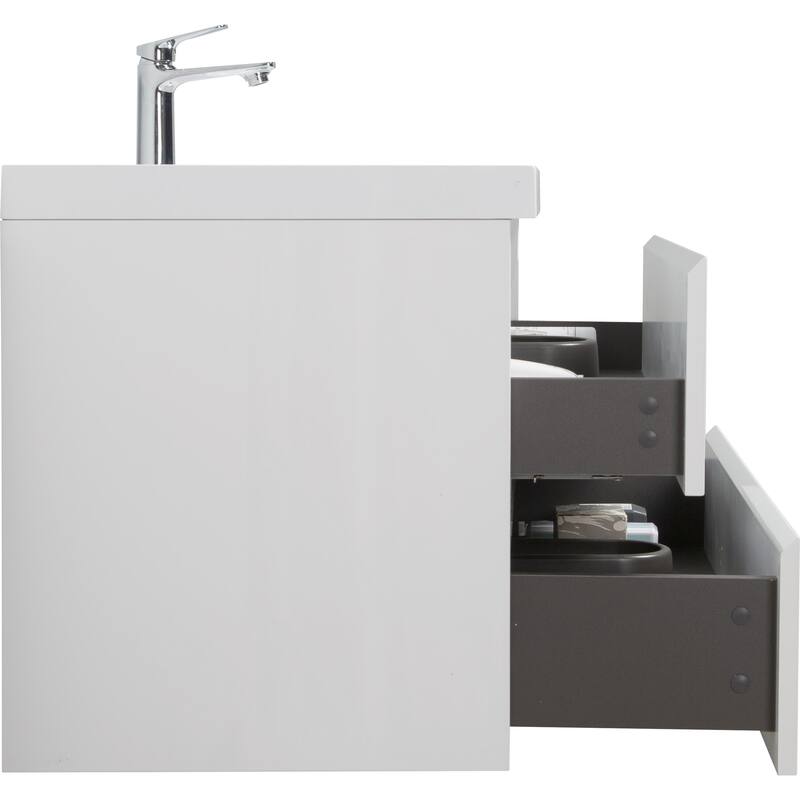 35.5-Inch Floating Bathroom Vanity with Glossy Resin Sink, Ash Grey Color, Wall-Mounted Design, 2 Drawers