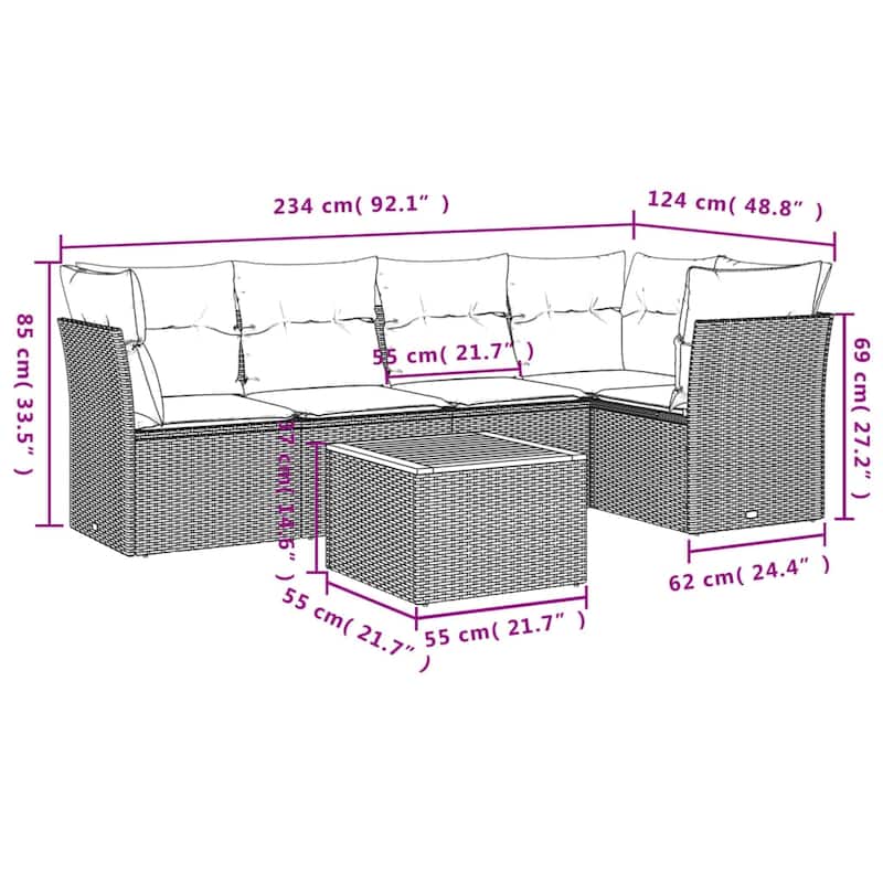 vidaXL Patio Sofa Set with Cushions Outdoor Furniture 6 Piece Poly Rattan