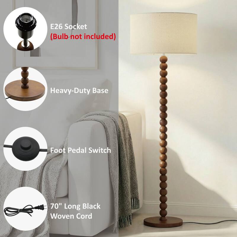 61" Wooden Beaded Floor Lamp, Retro Walnut Finish Standing Lamp with Linen Shade, Rubberwood Base for Living Room, Bedroom