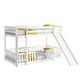 preview thumbnail 30 of 31, Twin Over Twin Low Pine Wood Bunk Bed with Guardrails, Slide and Ladder for Kids, No Slats Toddler Floor Bed with Fence and Door