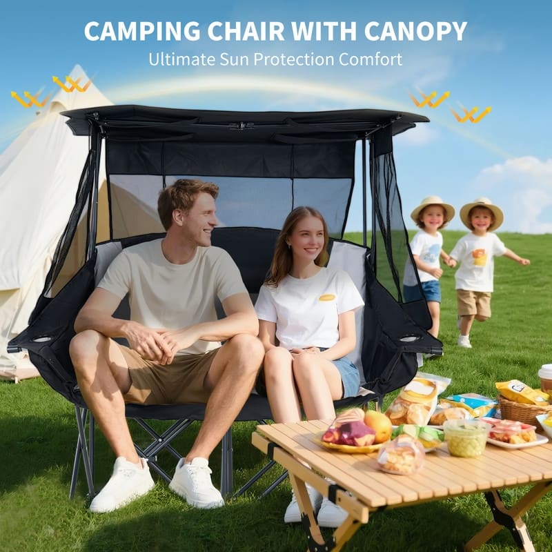 Double Beach Chair with Canopy Shade, Cup Holder and Side Pocket
