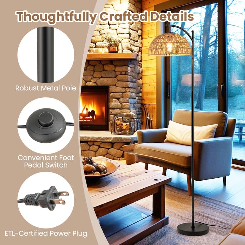 Modern Arc Floor Lamp with E26 Socket and Paper Rope Shade Adjustable Lighting for Living Room - 10"Dia × 63"H