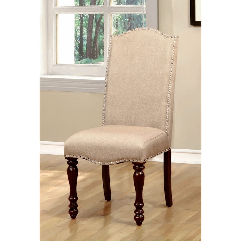 Transitional Antique Cherry Beige Set of 2pc Side Chairs Padded Fabric Turned Legs Dining Room Furniture - Brown