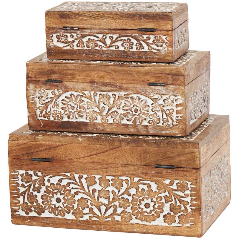 Wood Handmade Box with Hinged Lid (Set of 3)