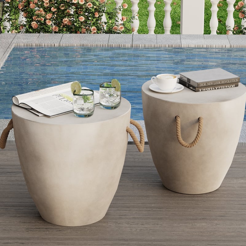 COSIEST Outdoor Lightweight Concrete Side Table w Hemp Rope Handles