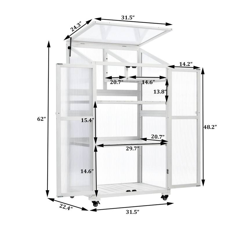 62inch Height Wood Large Greenhouse Balcony Portable Cold Frame with Wheels and Adjustable Shelves