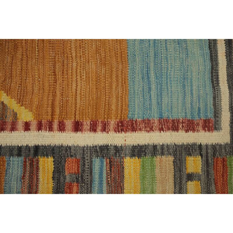 Hand Woven Oriental 100% Wool Carpet Southwestern Modern Multi-Colored Kilim Runner Rug - 10' 1'' X 2' 9''