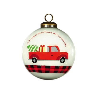 Red Pickup Truck with Presents Hand Painted Mouth Blown Glass Ornament - 3" x 3" x 3"