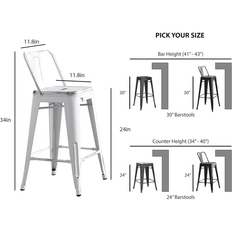 Industrial Metal Bar Stools Set of 2 Bucket Back 4 Leg Design 24in Seat Distressed