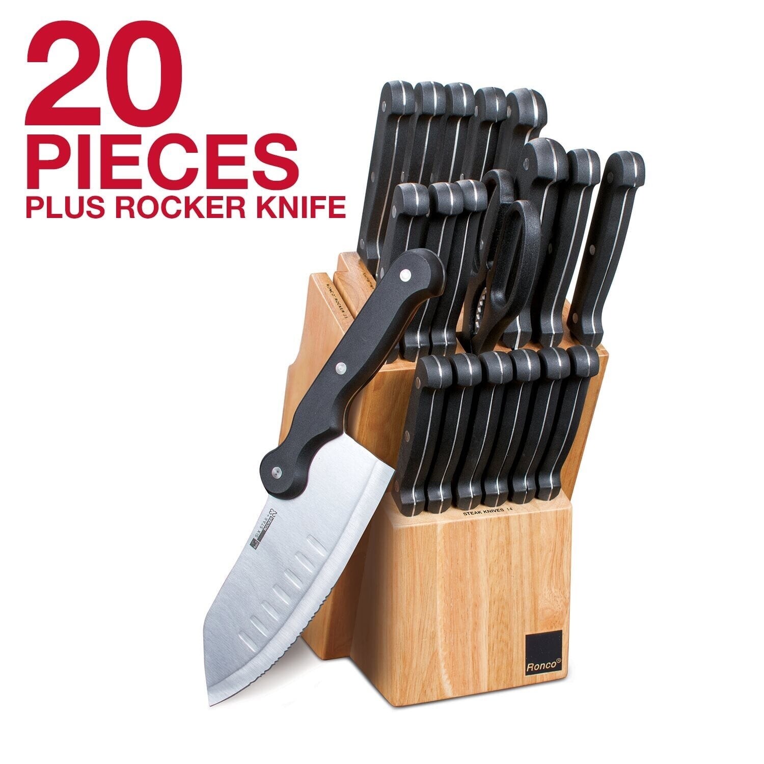 Ronco 20 Piece Knife Set with Knife Block%2C Full Tang Handle%2C Kitchen Knife Set