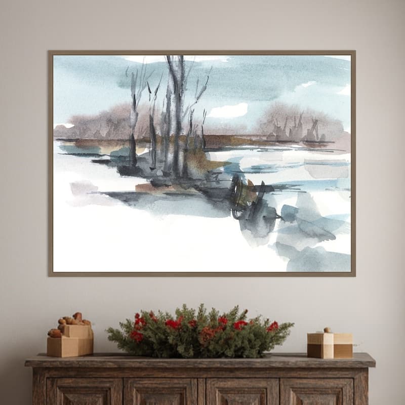 Winter Stream Watercolor II by Ethan Harper Framed Canvas Wall Art Print - Sylvie Dark Gold