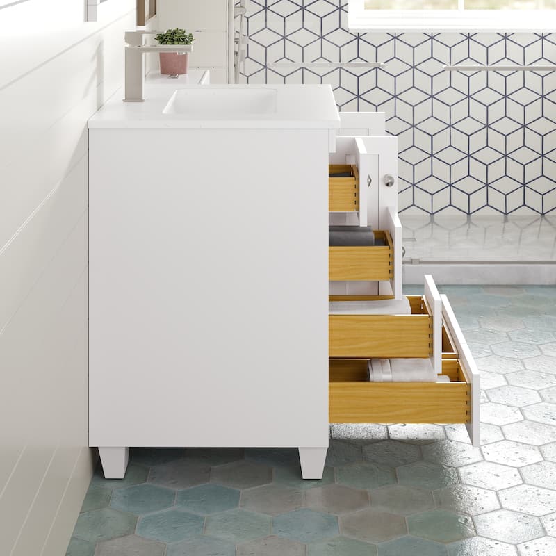 Eviva Acclaim Single Sink Bath Vanity with Carrara Quartz Top and Undermount Porcelain Sink