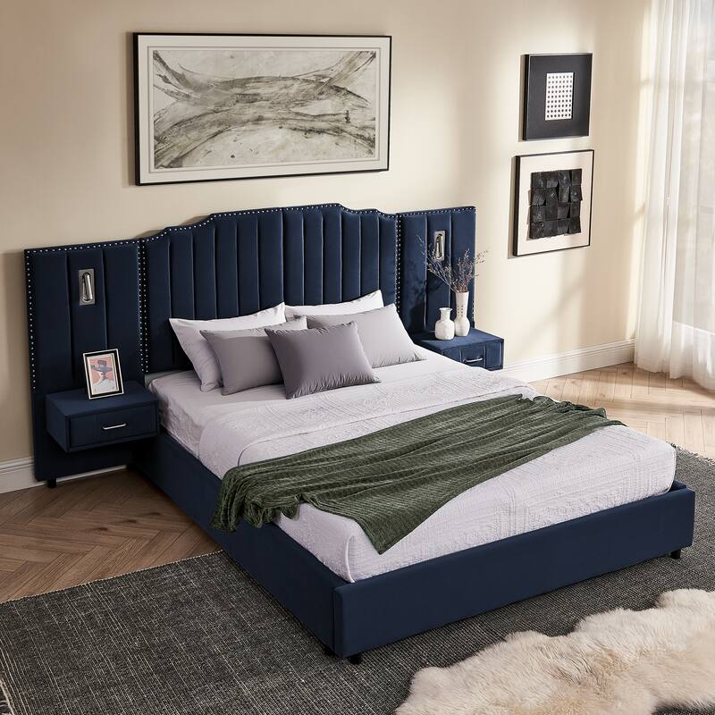Upholstered Bed, Vertical Stripe Buttons Design Wingback Bed Frame, Velvet Fabric Platform Bed with Bedside Table