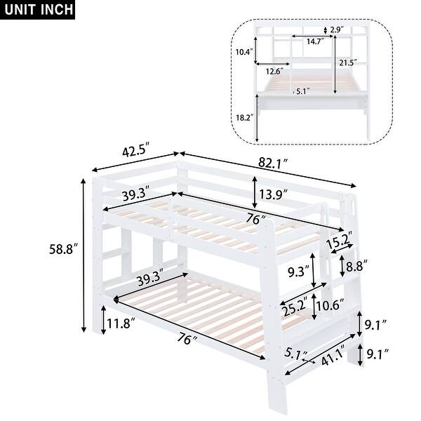 dimension image slide 1 of 2, Twin Over Twin Bunk Bed with Ladder, Storage Shelves, Pine Frame