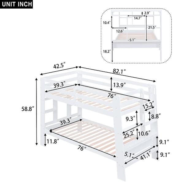 White Twin over Twin Wood Bunk Bed with Shelves & Ladder