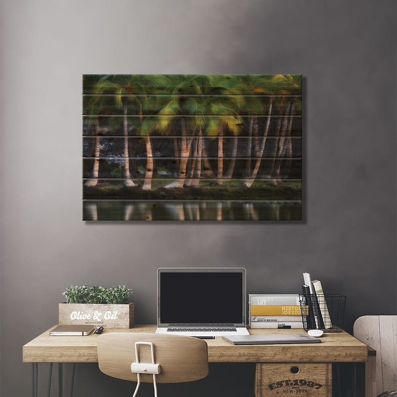 Palms Lakeside Print On Wood by Dennis Frates - Multi-Color