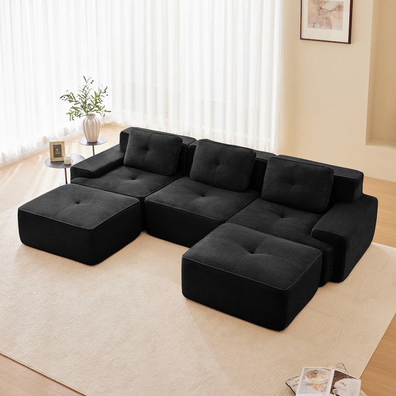 Modern U-Shaped Corduroy Sectional Sofa Couch with Removable Ottoman - Black