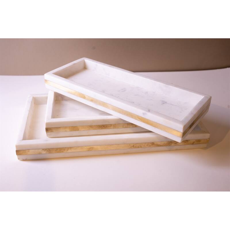 Lg. White Marble Tank Tray w/ Brass Inlay 16"x8.75"
