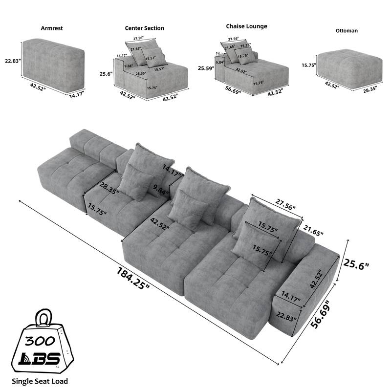 Modern Oversized Modular Sectional Sofa, Sparkling Chenille, 6 PCS DIY, No Assembly, Blue