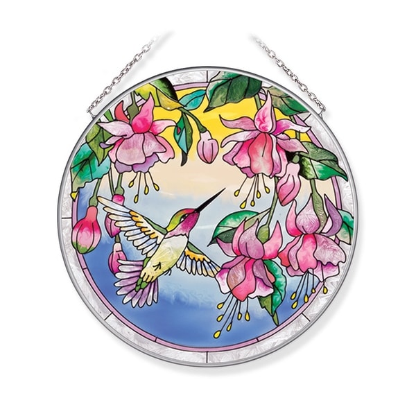 Blue and Pink Hummingbird Round Glass Wall Art Decor 6.75" - N/A