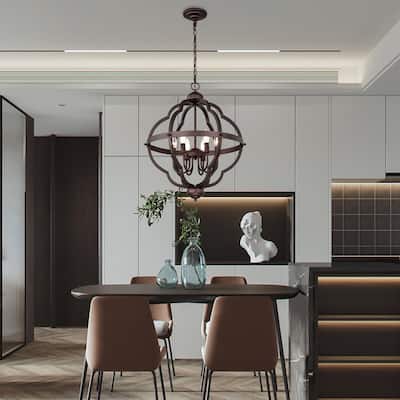 6-Light Brown/Black Round Iron Ceiling Lamp Chandelier with Brown Ringed