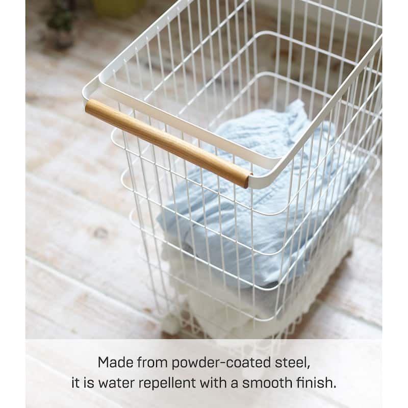 Yamazaki Home Rolling Wire Basket, Steel and Wood, 14.5 gallons, 55L, Holds 17.6 lbs - L 18.7 x W 11.02 x H 24.02 inches