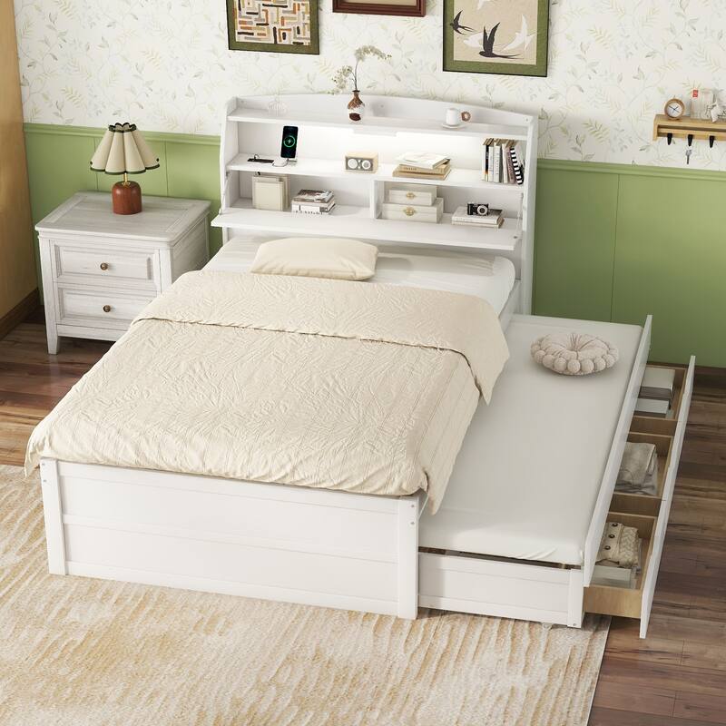 Wood Captain Bed Platform Bed with Trundle and 3 Drawers, Single Bed Frame with Storage Headboard and Integrated LED Light