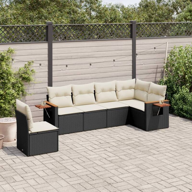 vidaXL Patio Sofa Set with Cushions Outdoor Conversation Furniture Poly Rattan - Black and cream without table - 24.4 x 33.5 x 27.2 in