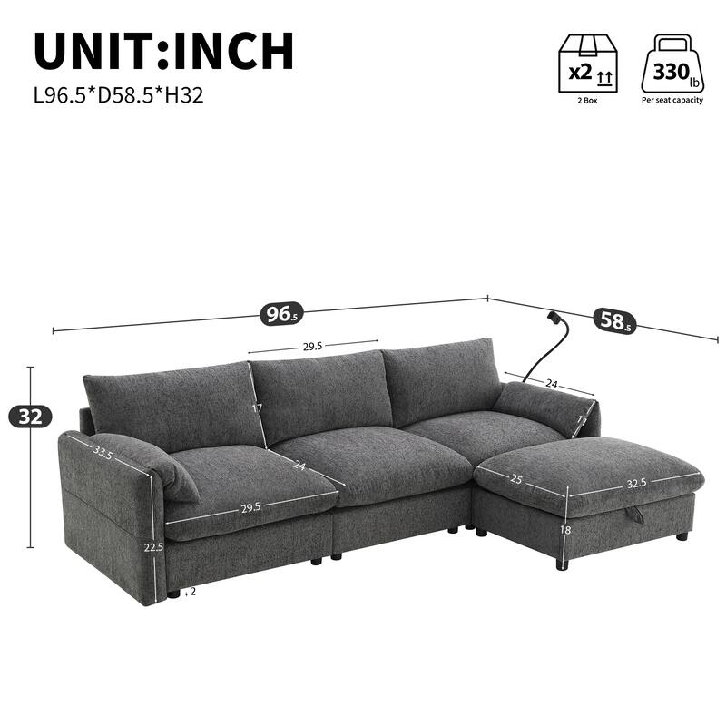96.5" Chenille L-Shaped 4-Seat Sectional Sofa with Storage Ottoman, Phone Holder, USB Charger, Gray