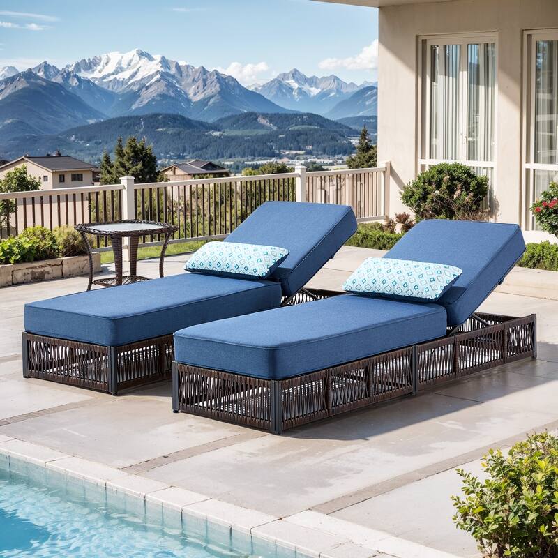 Pocassy Outdoor Lounge Chairs, Pool Lounge Chairs with Adjustable Backrest - 3-Piece Brown Wicker Blue Cushion w/ Table