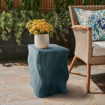 Ceramic Garden Stool Wavy Texture Modern for Home Decor - 19" Green