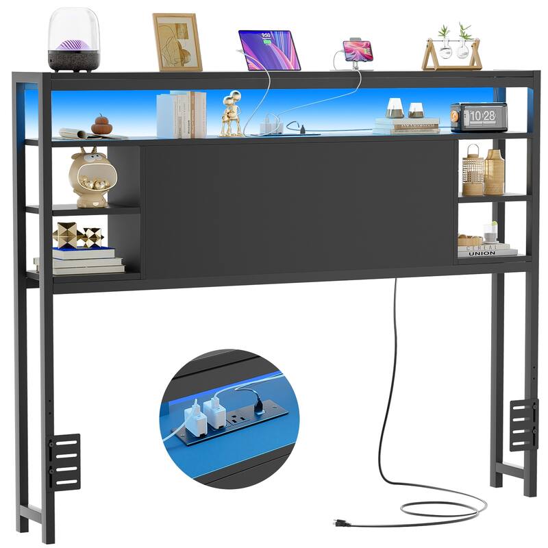 Headboards with Storage Shelves, Head Board with Power Outlet and LED Light for Bed Frame