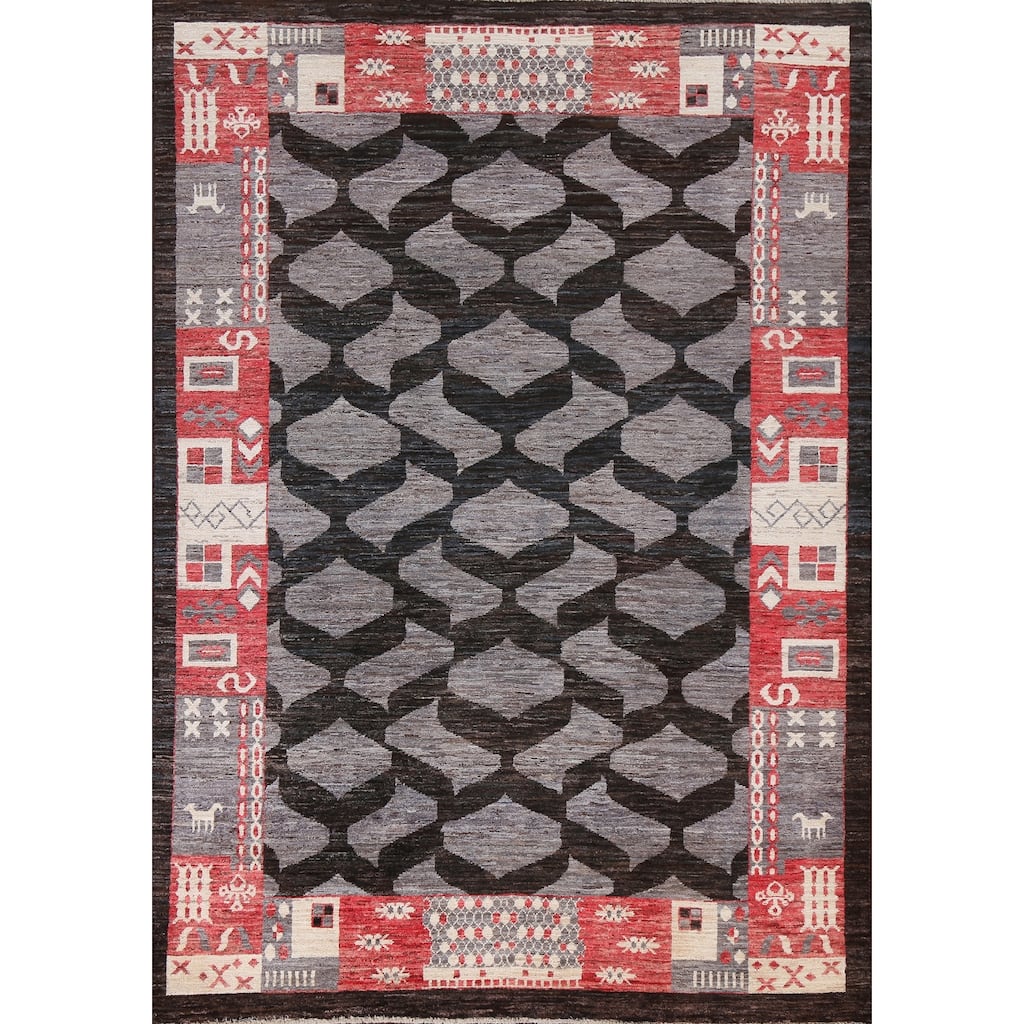 Geometric Trellis Gabbeh Kashkoli Oriental Wool Area Rug Hand-knotted - 5'4" x 7'9"