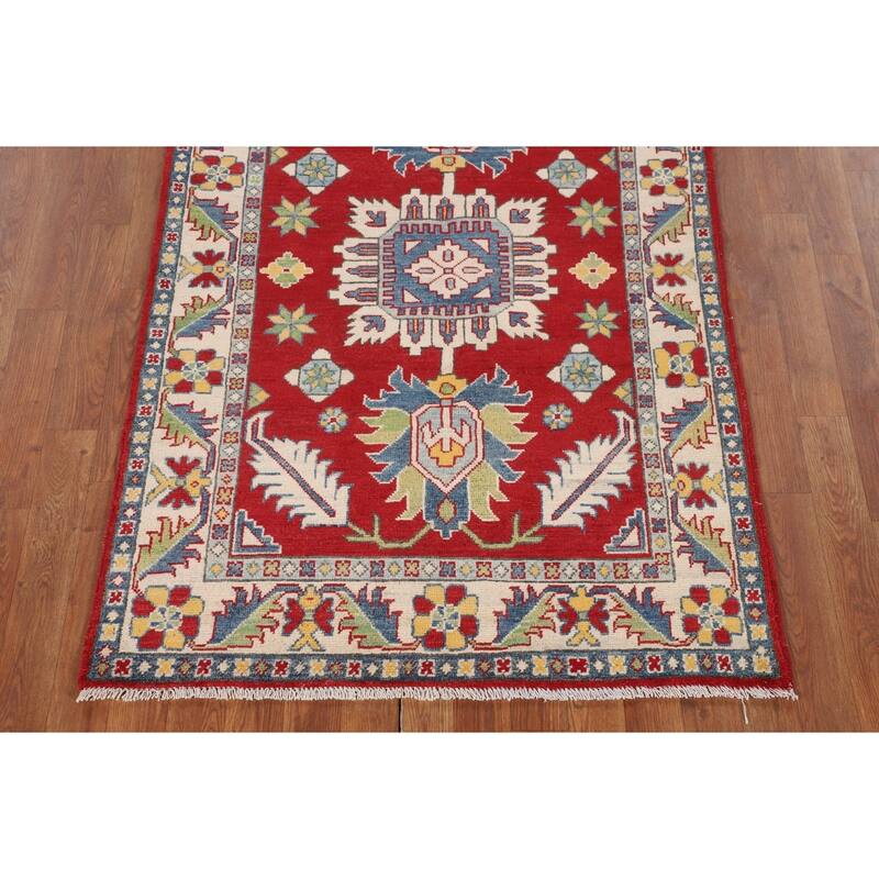 Traditional Kazak Foyer Rug Handmade Red Geometric Wool Carpet - 3'5" x 5'1"