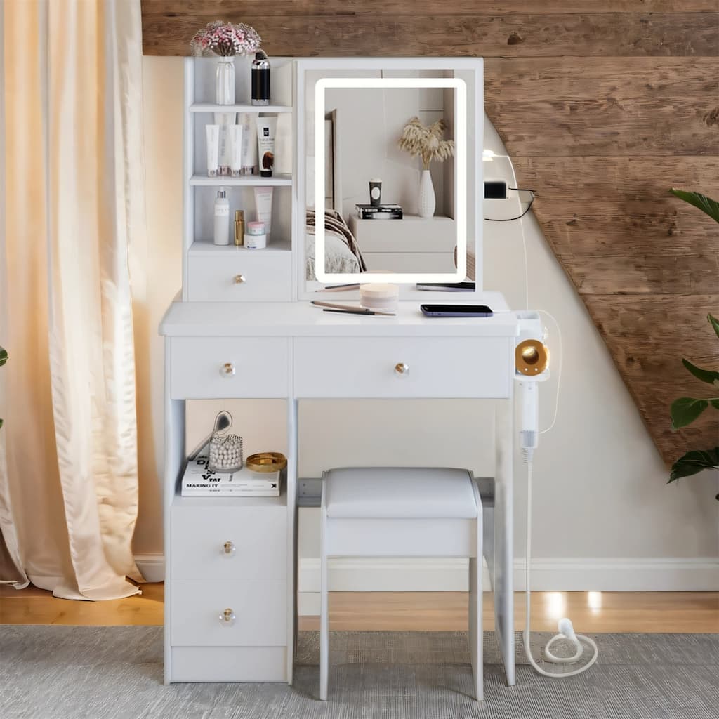 29.2" Vanity Set with LED Mirror, Charging Station & Hair Dryer Stand
