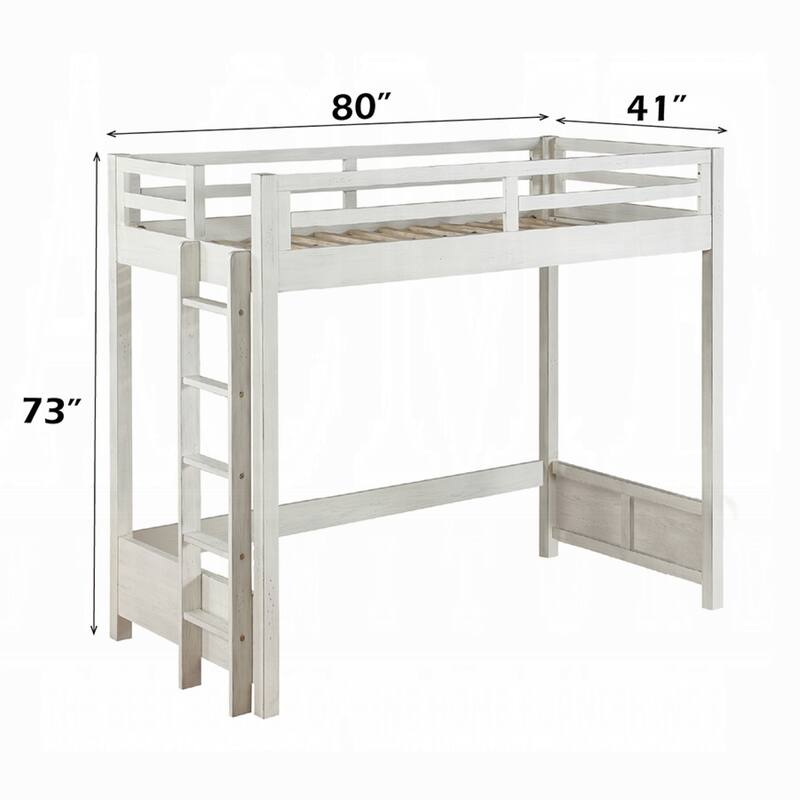 Transitional Style Twin Loft Bed, Fixed Ladder, Weathered White