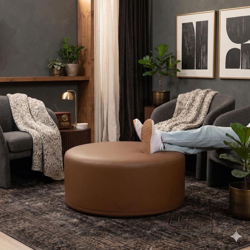 Jaxx Candler Round Couch Ottoman Large Coffee Table & Foot Rest - 36 Inch - Vegan Leather Walnut