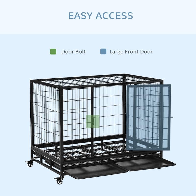 PawHut 43" Heavy Duty Dog Crate, Indestructible Dog Cage Kennel with Removable Tray, Lockable Wheels and Double Door, Black