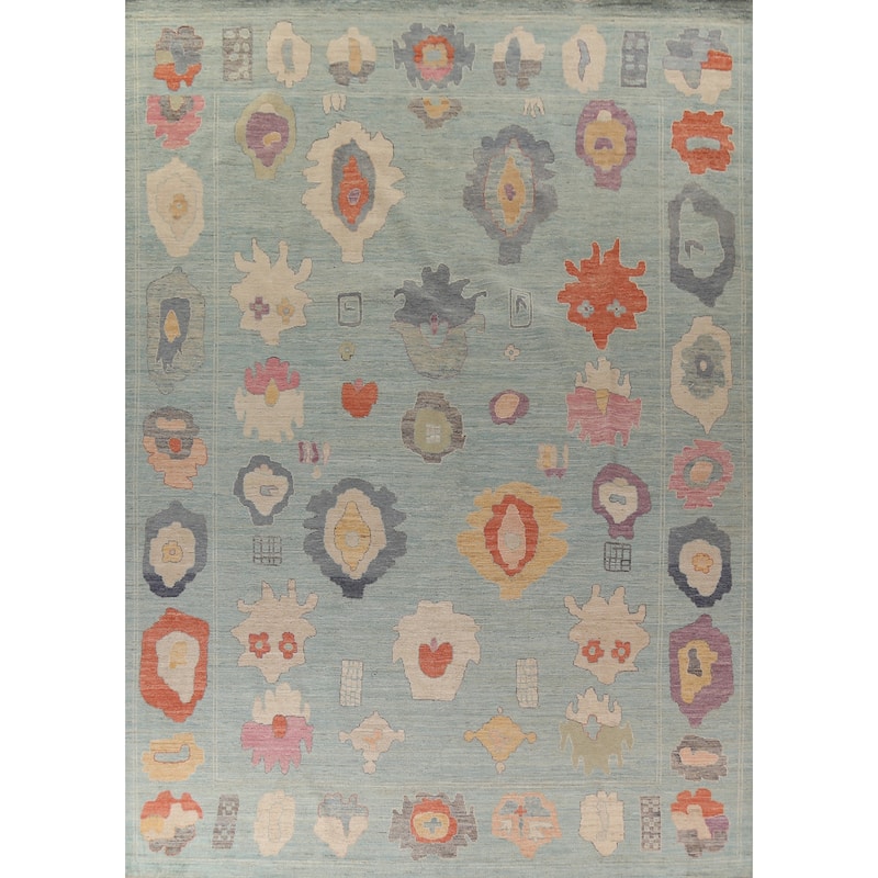 Light Blue Oushak Turkish Large Rug Handmade Vegetable Dye Wool Carpet - 10'3"x 14'0"