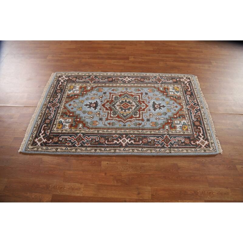 Light Blue Geometric Heriz Indian Area Rug Handmade Wool Carpet - 3'2"x 4'11"